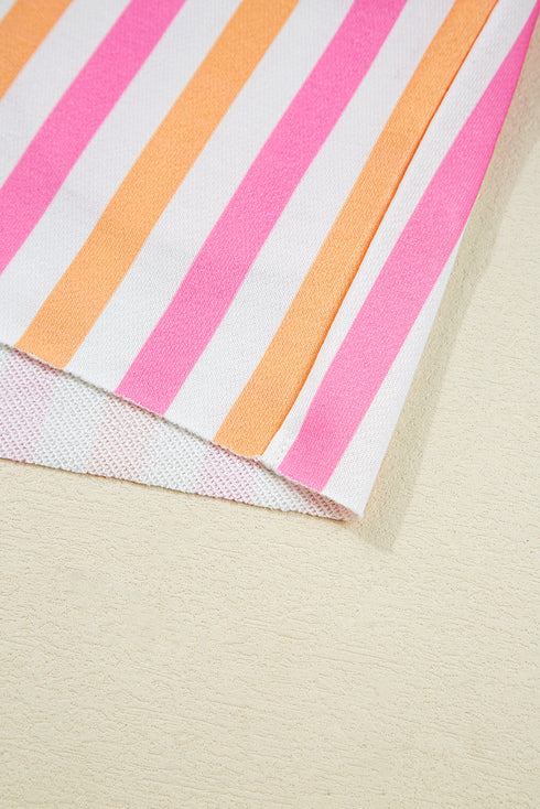 Vertical-Stripe Drop-Shoulder Half-Sleeve Crewneck Contrast-Band Short Set